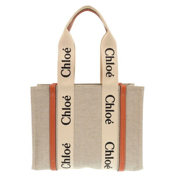 Chloe Woody Tote Bag Leather Canvas Beige Orange Handbag